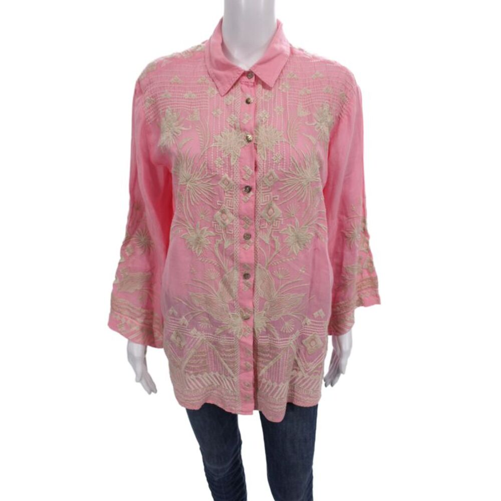 Johnny Was Womens Boho Floral Collared Button Tunic Pink 3/4 Sleeve Size M